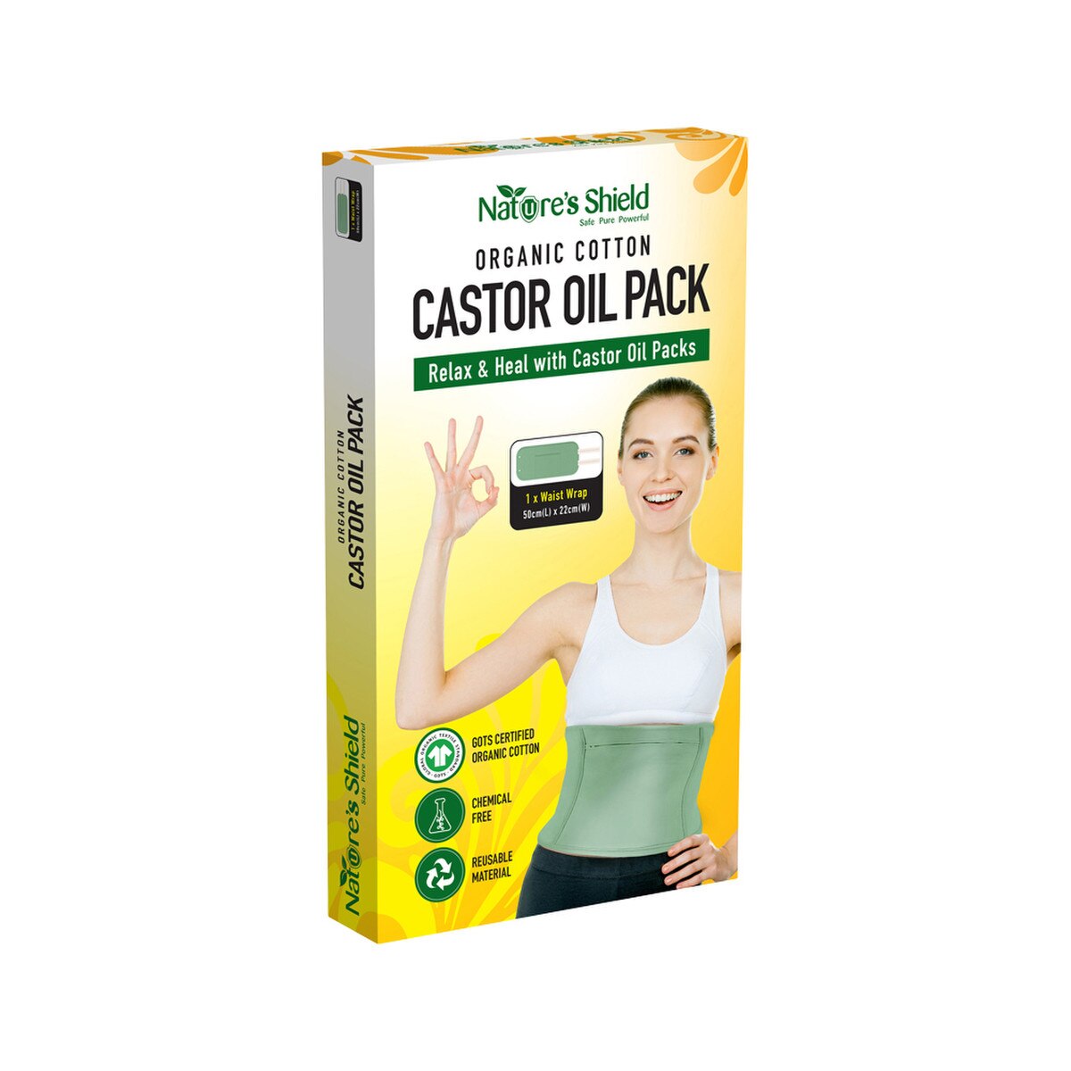 NATURE'S SHIELD Organic Cotton Castor Oil Pack Waist Wrap (50cm x 22cm)